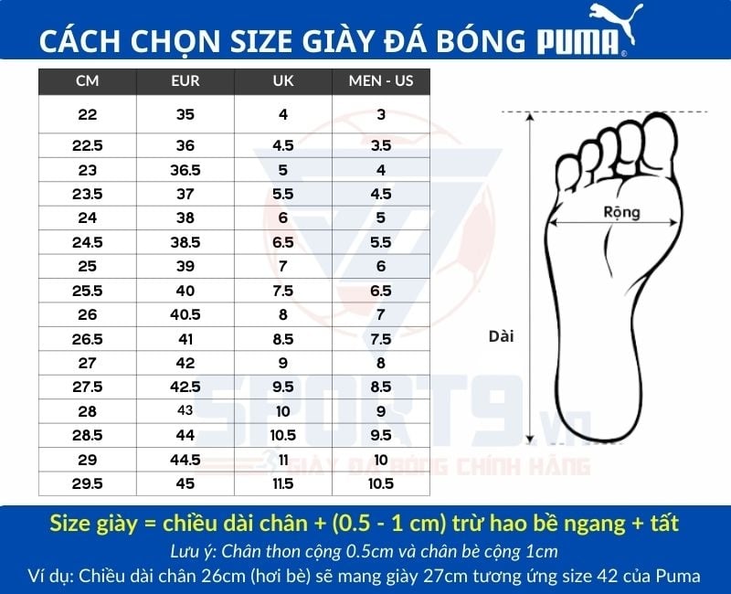 Bảng size giày bóng đá Puma cập nhật mới nhất